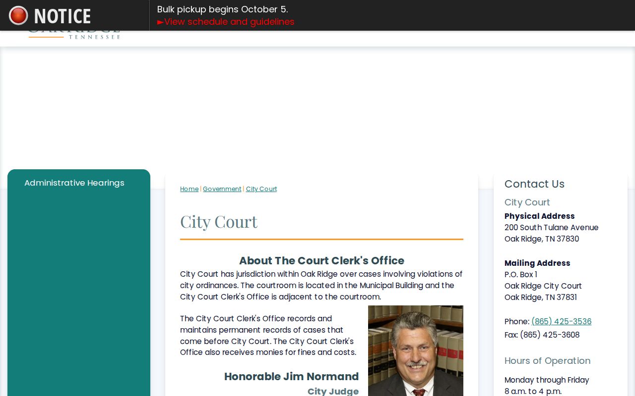 Oak Ridge warrant records City Court contact and payment page